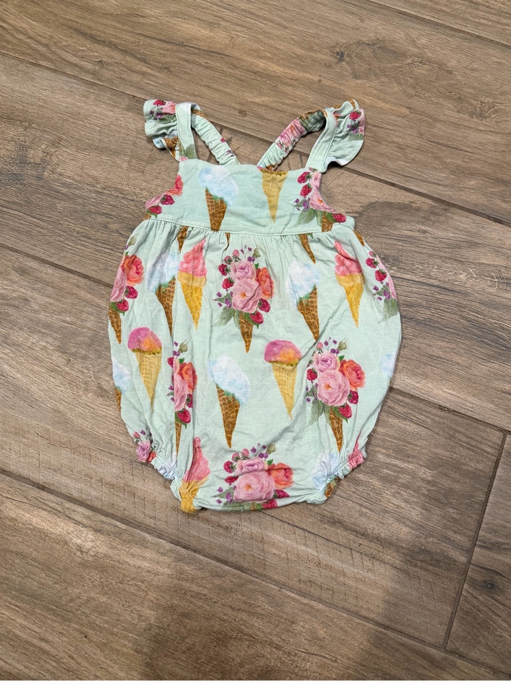 Posh Peanut Sophia Mint Floral Ice Cream Romper with Pink Accents